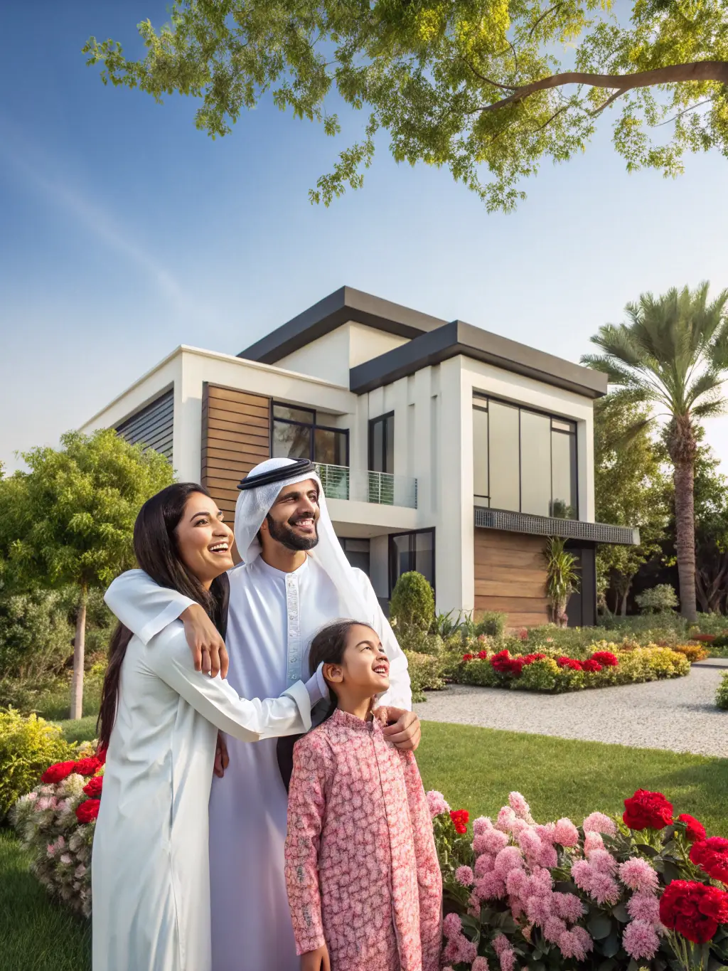 A family being handed keys to a new luxury villa in Dubai, representing assistance with buying luxury properties.