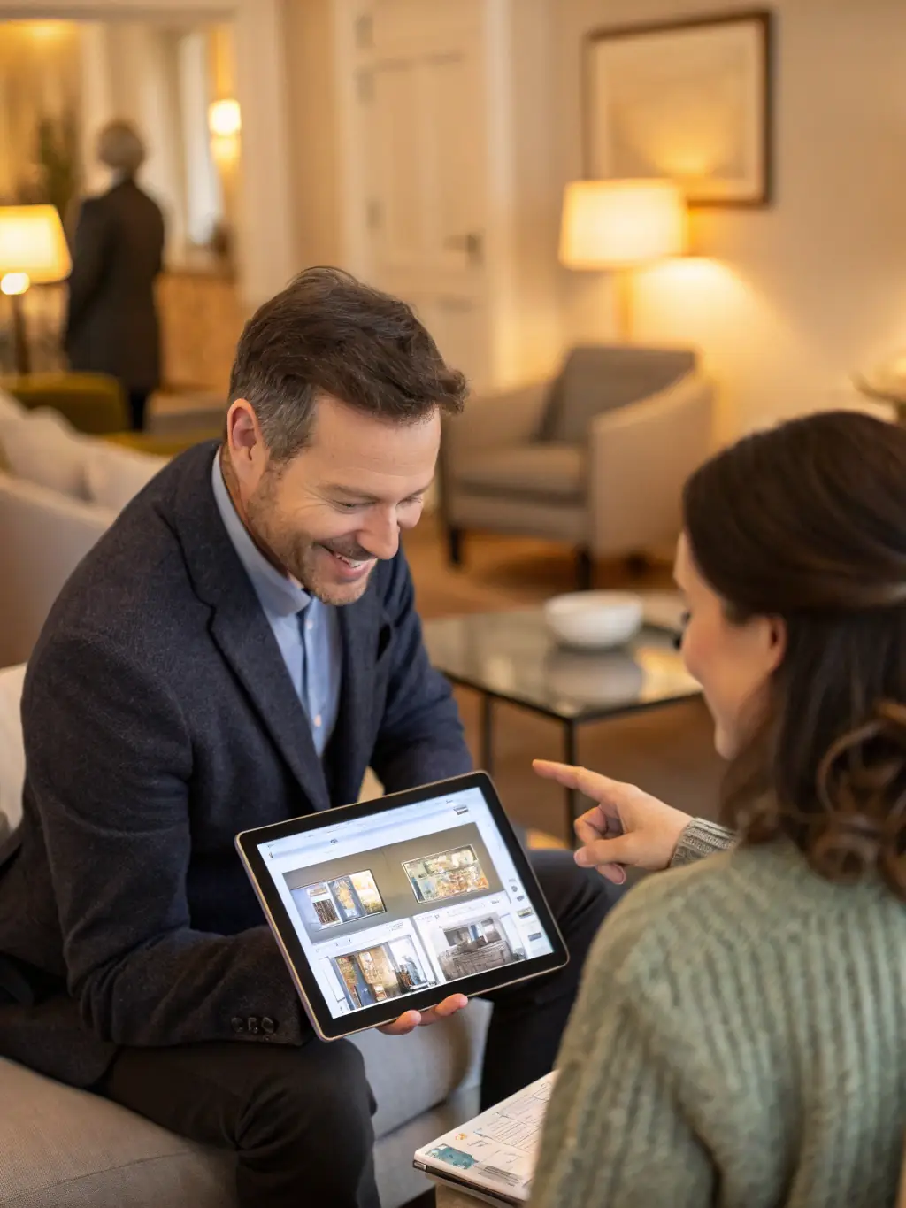 A sophisticated real estate agent presenting a property proposal to a client in a luxurious office setting, emphasizing personalized service.