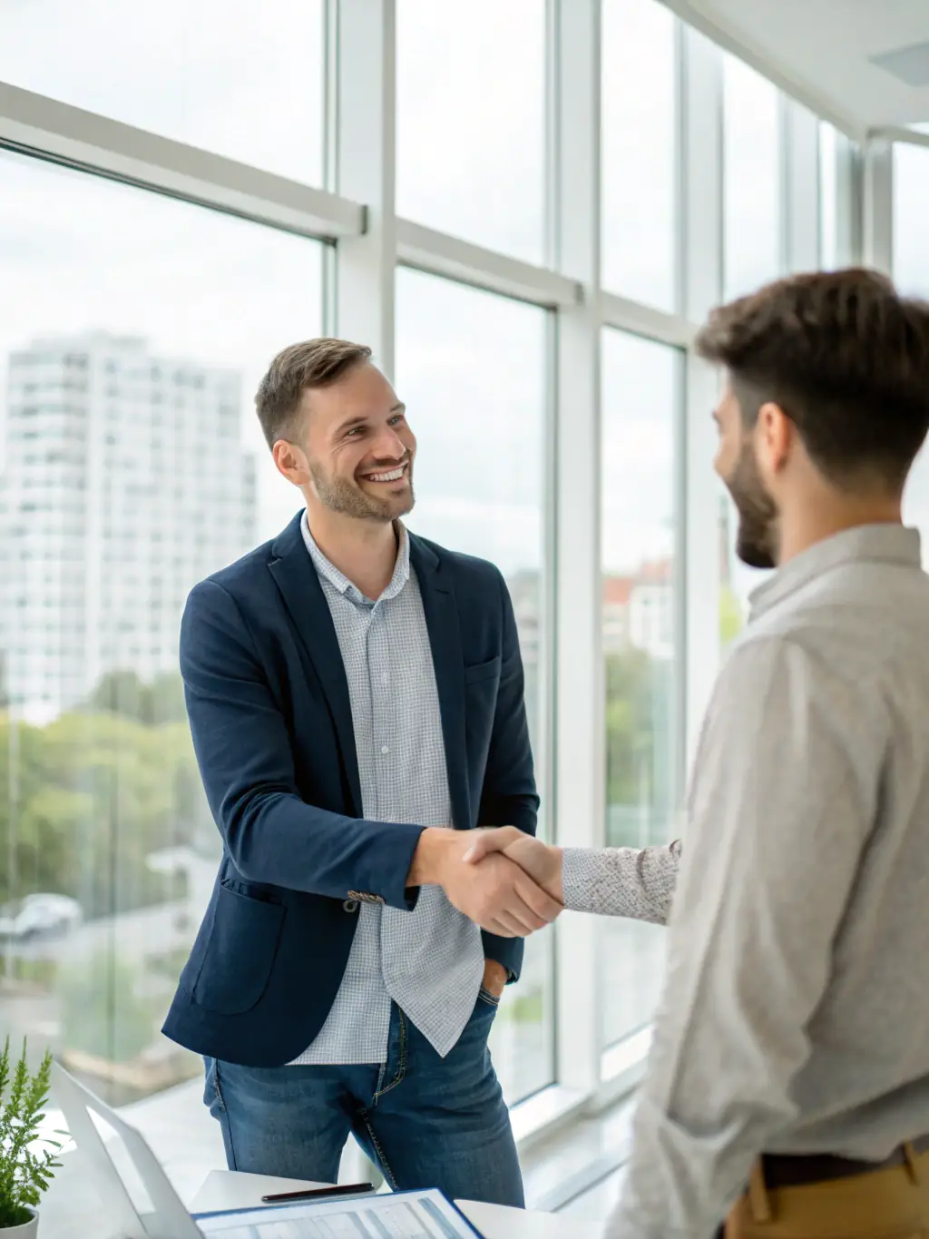 A professional real estate agent shaking hands with a client in a modern Dubai office, symbolizing trust and partnership.