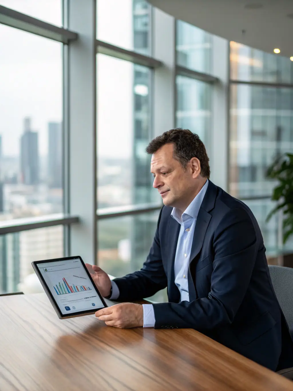 A professional real estate portfolio manager reviewing investment data and market trends on a digital tablet in a modern office setting.
