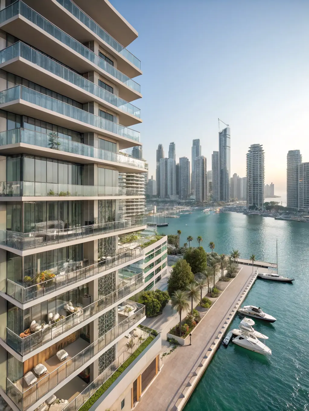 A high-rise luxury apartment building in Dubai Marina with yachts docked in the foreground, symbolizing prime waterfront investment opportunities.